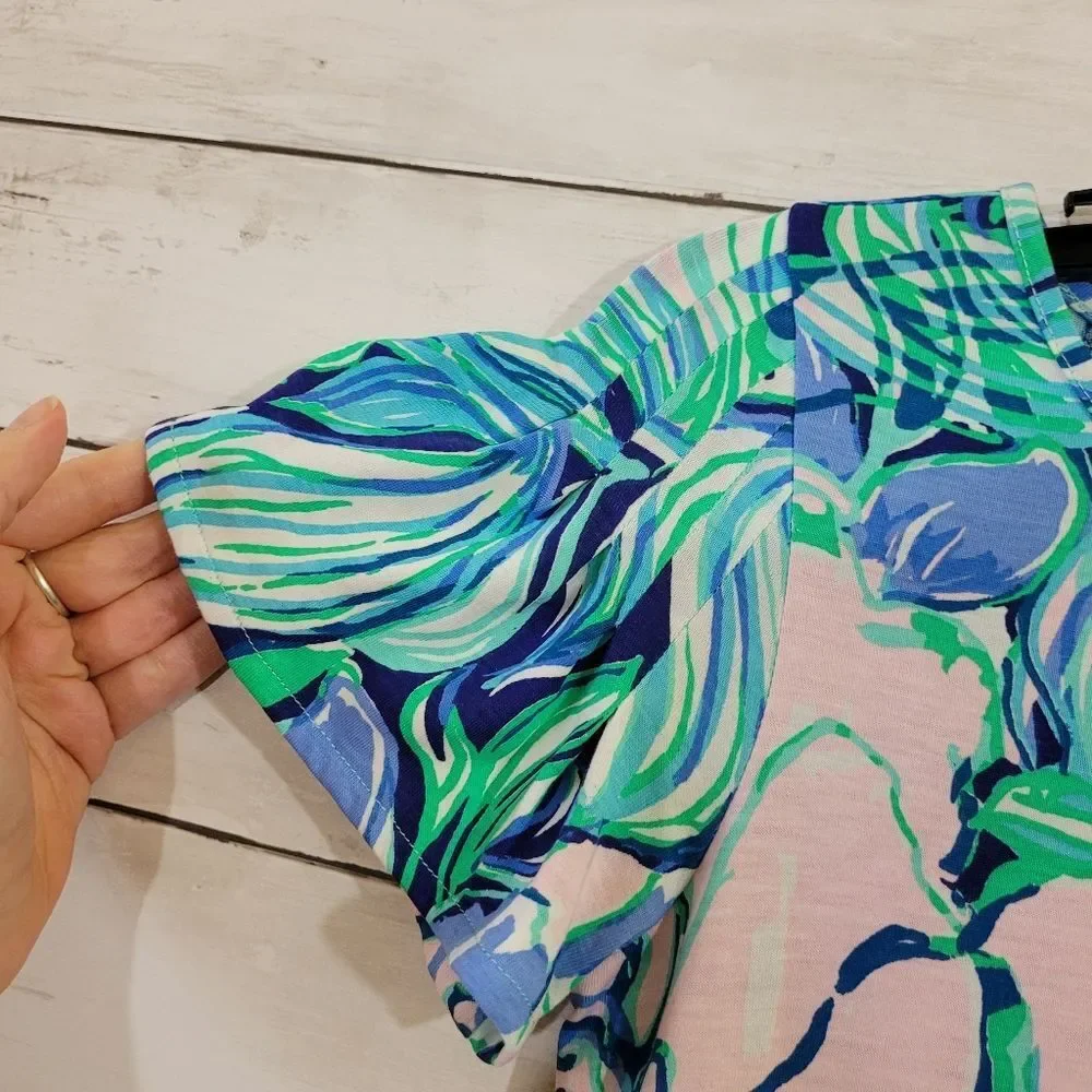 Lilly Pulitzer‎ Marah Dress Party Thyme Print Pima Cotton Flutter Sleeve Sz XXS